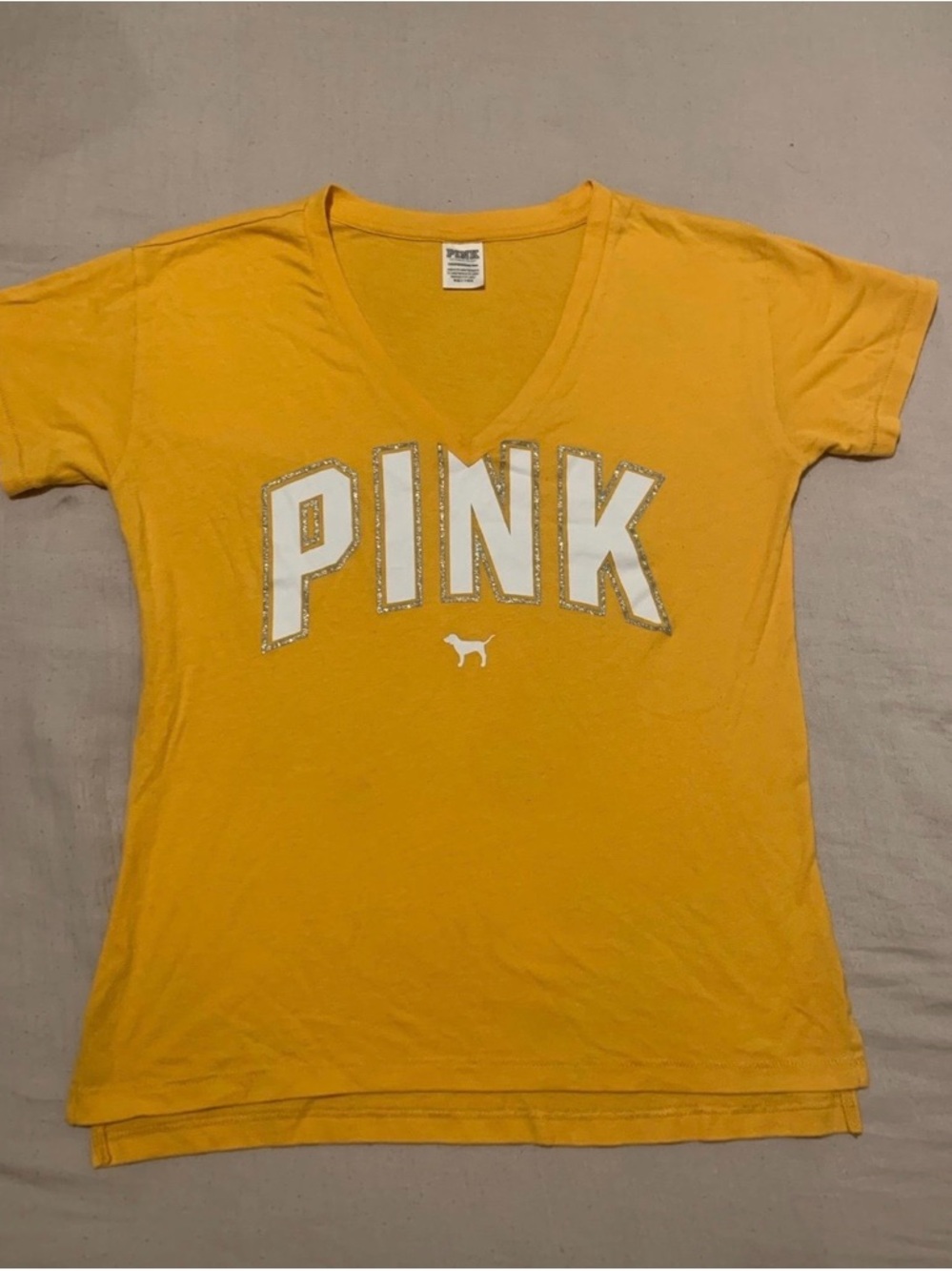 PINK Victoria's Secret Golden Yellow V‑Neck Tee with White Logo